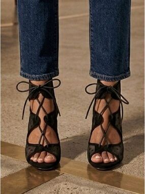 Torrid Black Polka Dot Mesh Lace-Up Ghillie Heels 9.5W Wide Peep Toe Stiletto